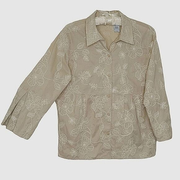 JH Collectibles Toupe Floral Embroidered 3/4 Sleeve Button Down Blouse Size L - Picture 1 of 9